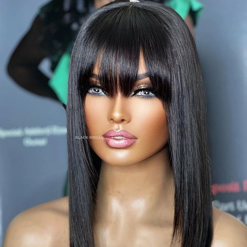 14inch Straight Bob Wig with Bangs Human Hair Realistic Transparent Silk Base Full Lace Short Black Bob Wigs Blunt Cut Bob Wig