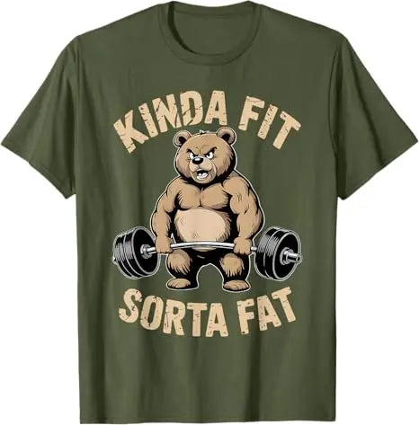 Kinda Fit Sorta Fat - Funny Gym Bear Weightlifting Workout T-Shirt Y2k Humor Raccoon Weightlifter Fitness Saying Tee Novelty Top