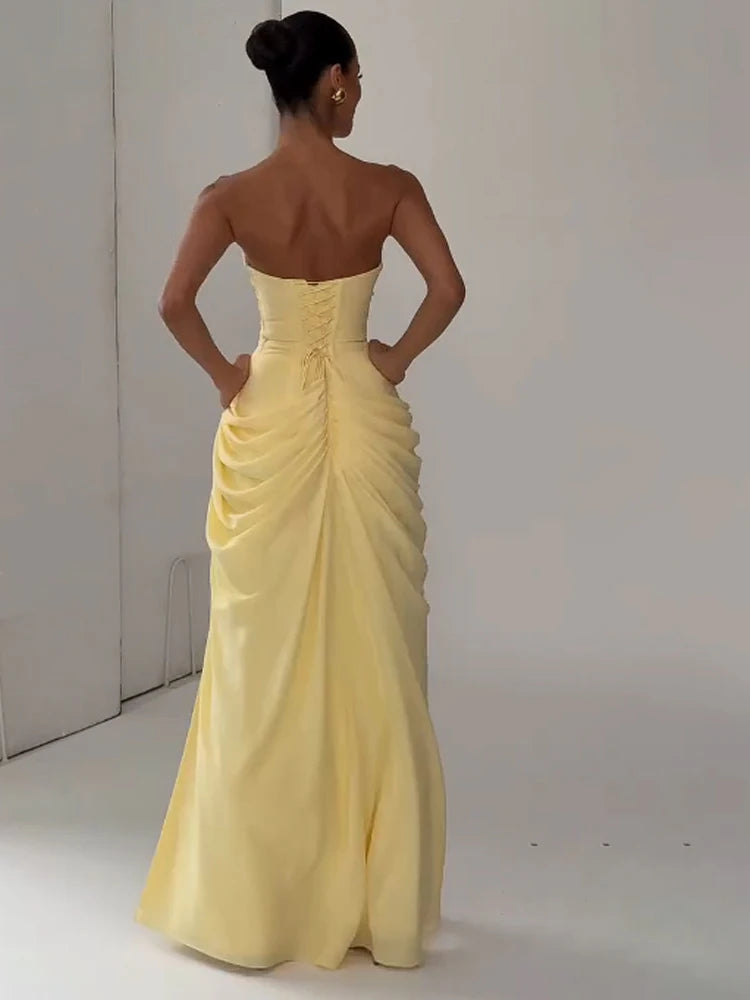 Women Sexy Solid Pleated Strapless Dress Lady Chic Off-shoulder Backless High Waist Split Dresses 2026 New Evening Party Gown