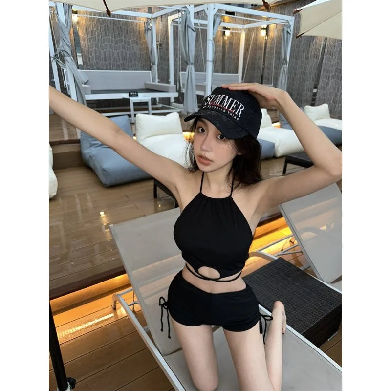 European and American Sexy Bikini Solid Color Design Swimsuit Spicy Girl Hanging Neck Strap Beach Vacation Split Swimsuit