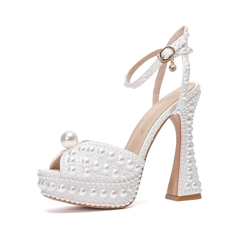 Maogu Women Sandals Fashion High Quality Wedding Shoes Women New Pearls Studs Luxury Peep Toe High Heels Buckle Woman Sandal 43