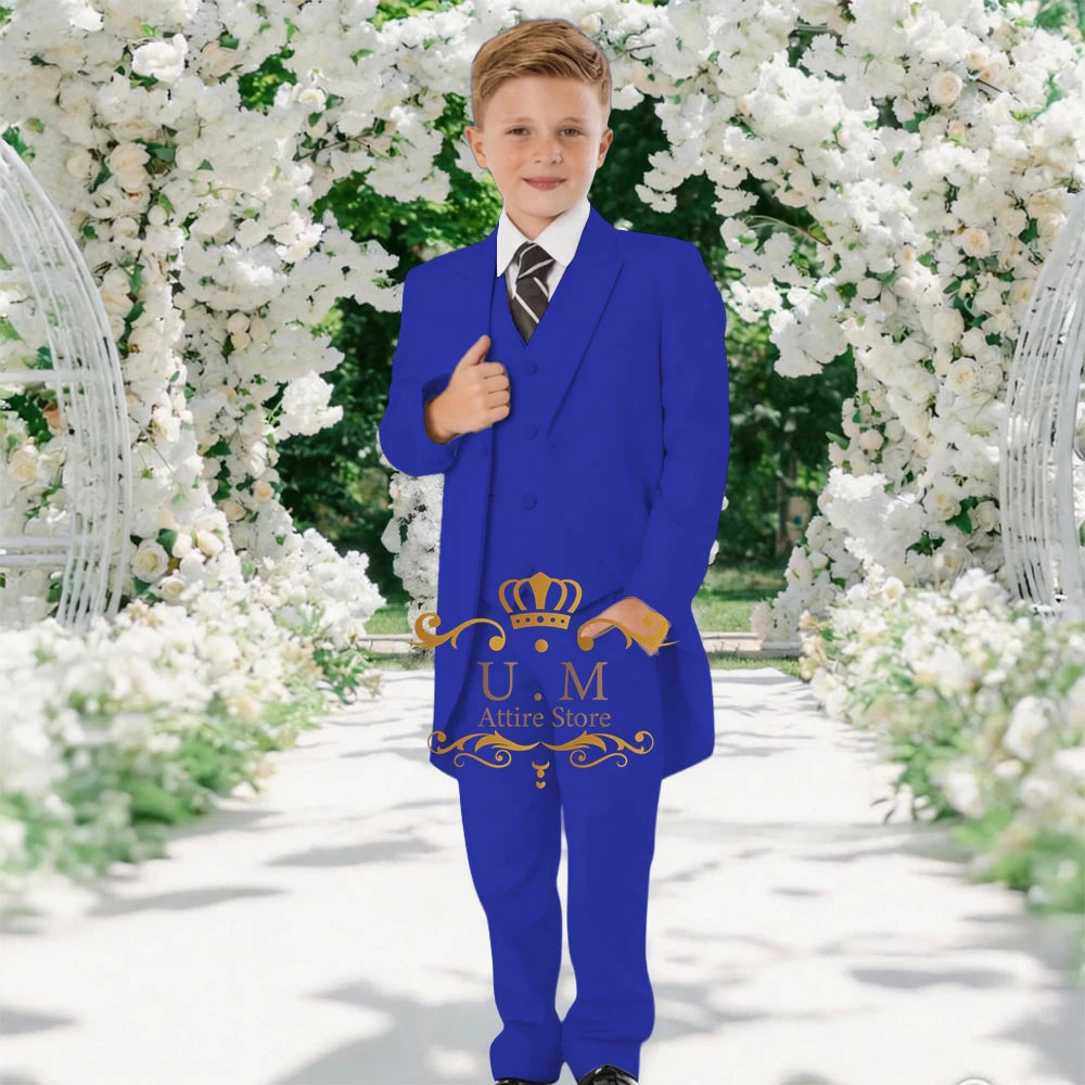 Custom Boys' 3-Piece Tuxedo Set Long Jacket Black Vest Pants Slim Fit Suit for Wedding Birthday Party Children Performances