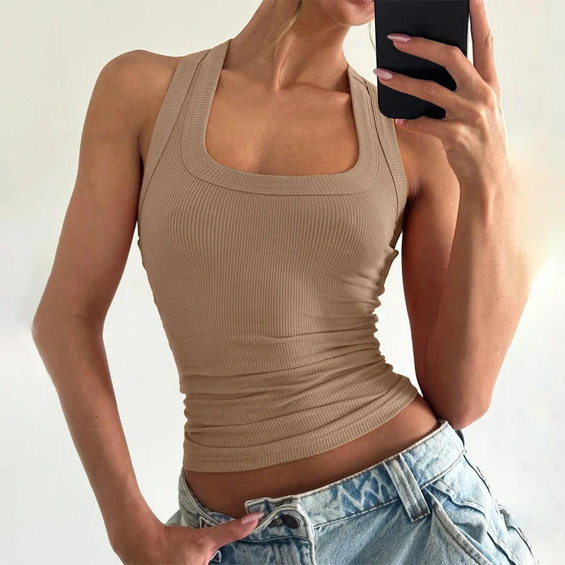 Summer Fashion Sexy European Women's U-Neck Solid Color Slim Fit Crop Top for Women Trendy Small Vest with Work Design