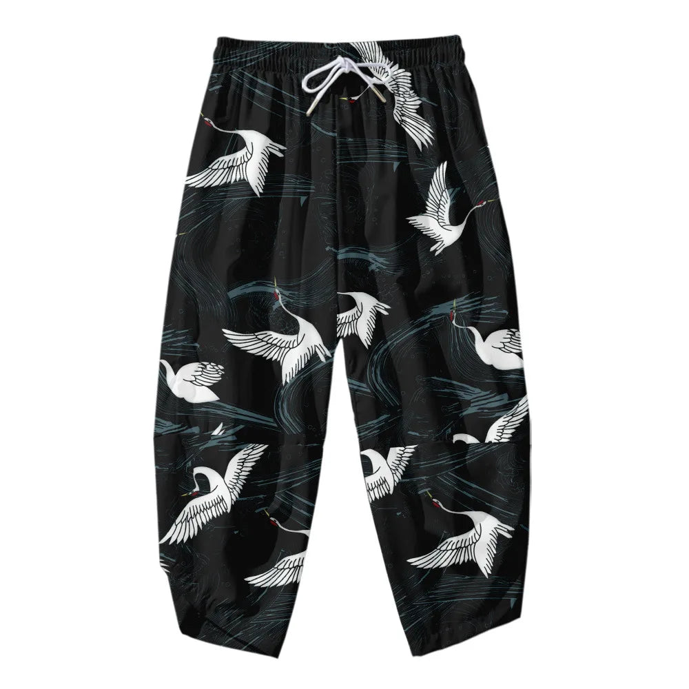 Men Yukata Style Harajuku Cardigan Traditional Japanese Great Wave of Kanagawa Crane Printed Trousers Asian Costume Kimono Pants