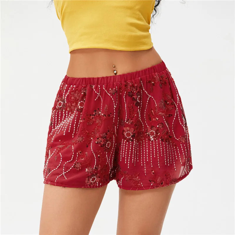Hirigin Women Sequin Mini Shorts Y2K Low Rise Sparkle Floral Bead Embellished