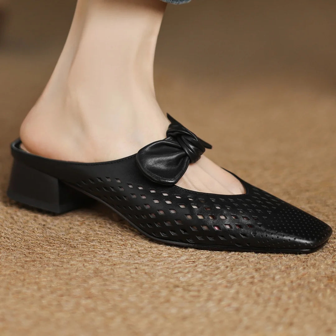 2025 Summer new plus size 34-41 women's hollow-out cow leather slip-on flats summer slides sandals sweet bowtie elegant mules
