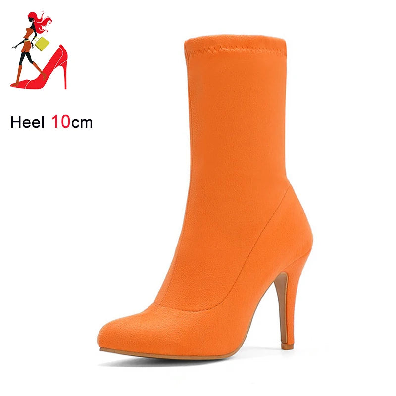 2023 Autumn Winter Sock Short Boots Lady Mid-Calf Thin High Heels Large Size 46 Fashion Women Shoes Elastic Flock Pointed Boots