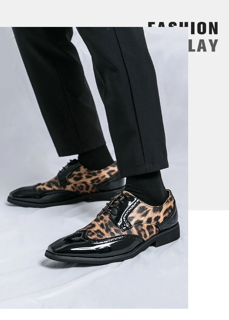 2025 Fashion Leopard Dress Shoes Man Pointed-Toe Lace-up Luxury Man Comfortable Leather Shoes For Men Plus Size 48 Oxford shoes