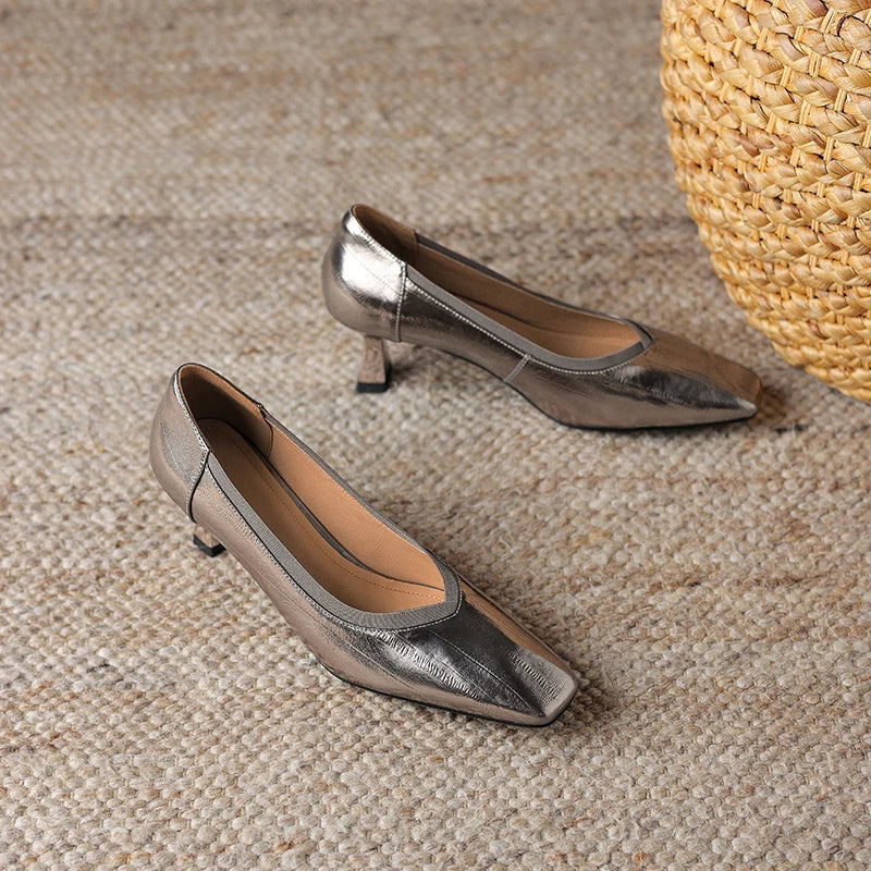 【JOCHEBED HU】Brand Genuine Leather Square Toe Women Pumps Slip Mid Heels Solid Color Dress Party Spring Autumn Shoes Handmade