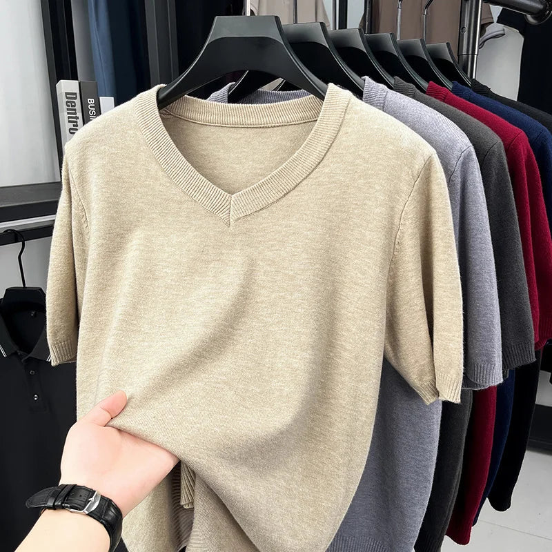 Mens V Neck Short Sleeve Wool Knit Pullover Soft Thin Knitwear For Business Office Daily Casual Spring Summer Basic Tops