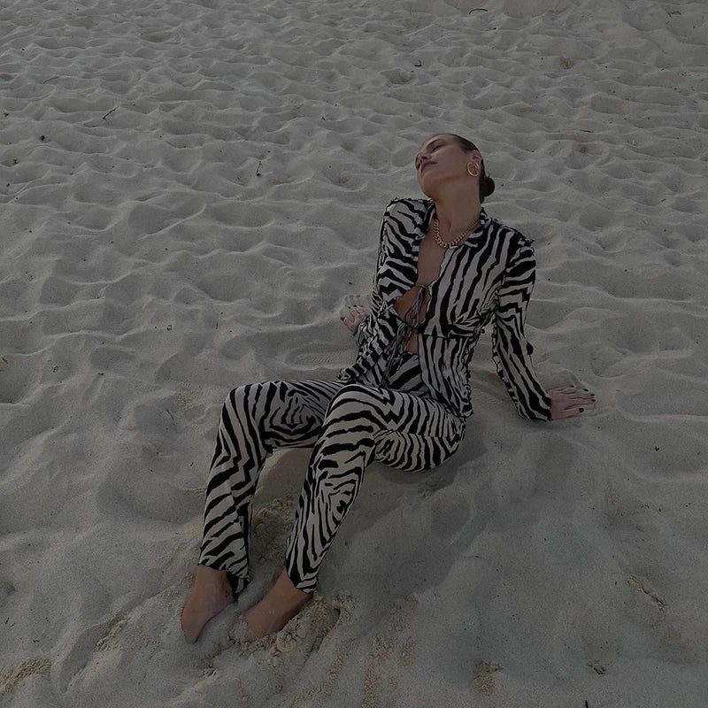 Cryptographic Animal Print Mesh Sheer Stripe Tie Front Detail Top Matching Sets Fashion Outfits 2 Piece Sets Holiday Beachwear