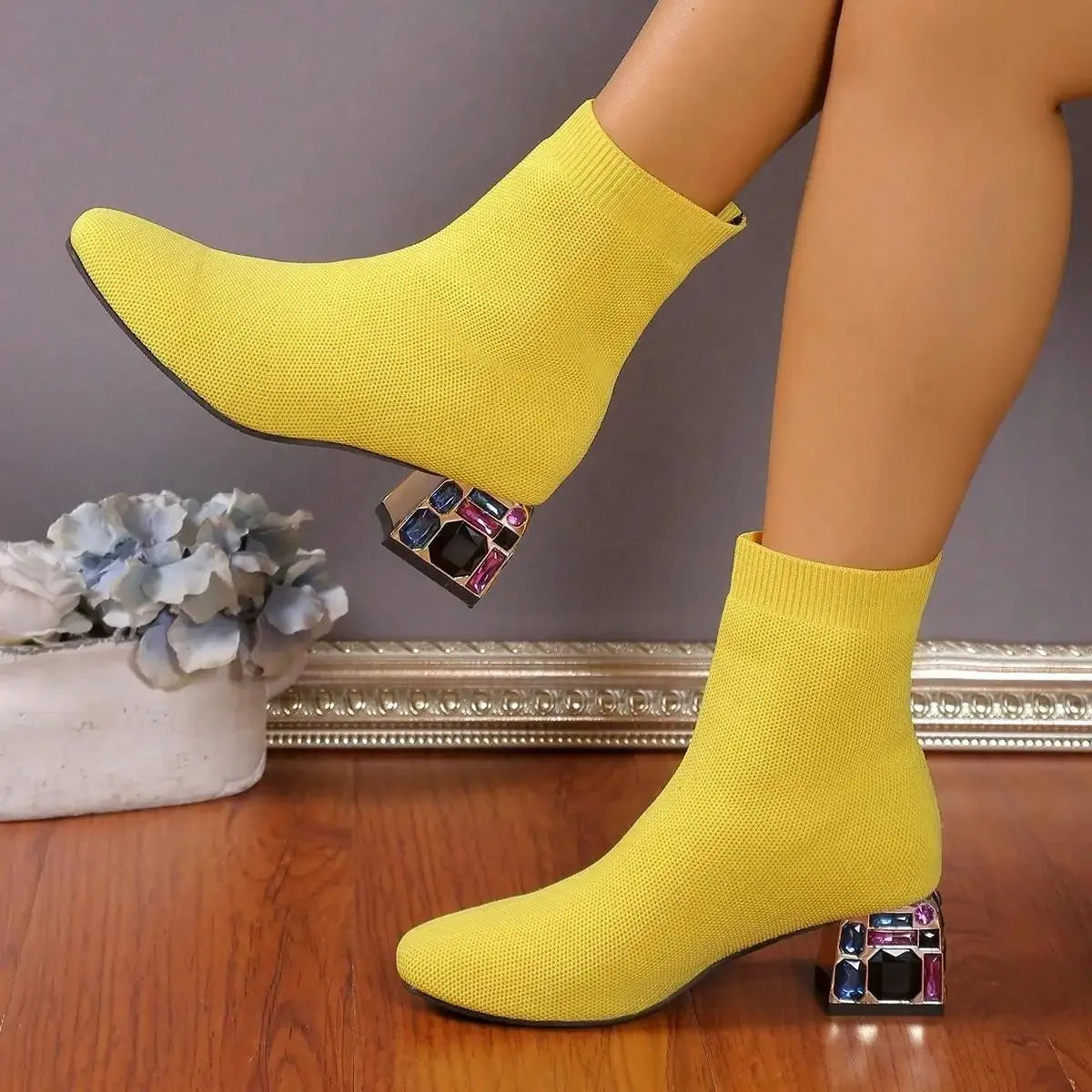 Women Hot Sale High Heels Short Boots 2023 Winter Designer Square Toe Mesh Breathable Stretch Sock Boots Slip on Platform Shoes