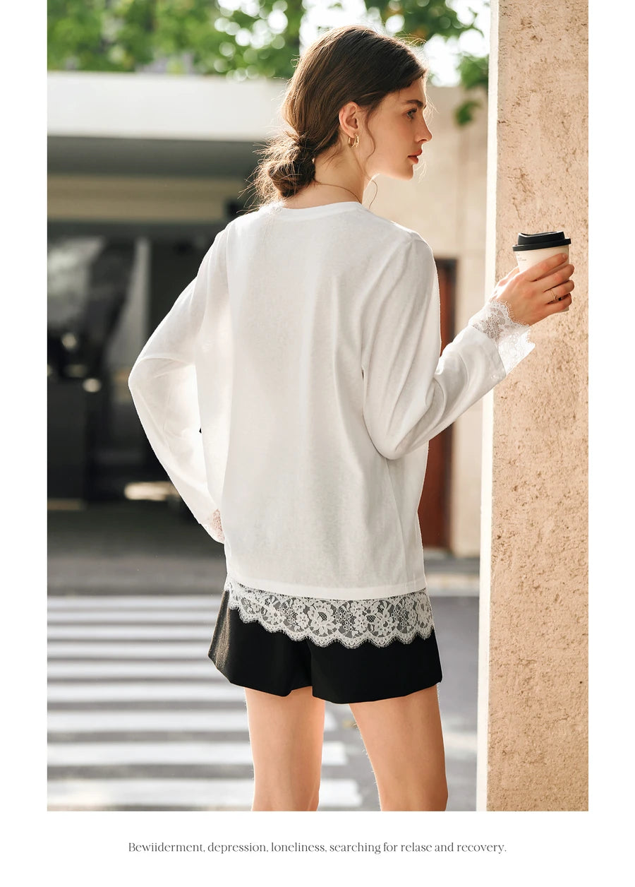 OLrain Cotton White T-shirt Women 2026 Autumn Casual Loose Tee Shirt Crewneck Lace Long Sleeve Tops Woman Clothing N57CT95669