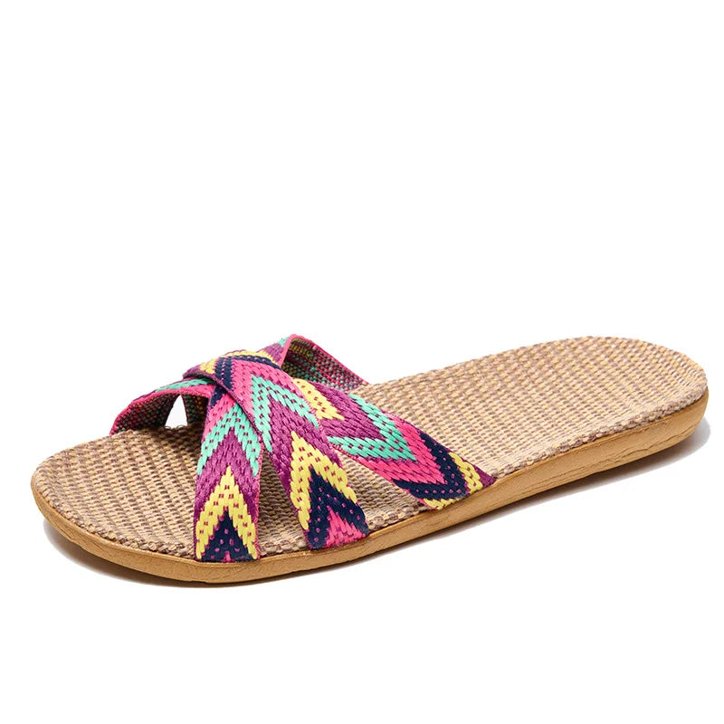 Summer Women Linen Slippers Home Ladies Lightweight Indoor Anti Slip Shoes Thick Sole Beach Slides Bohemian Style