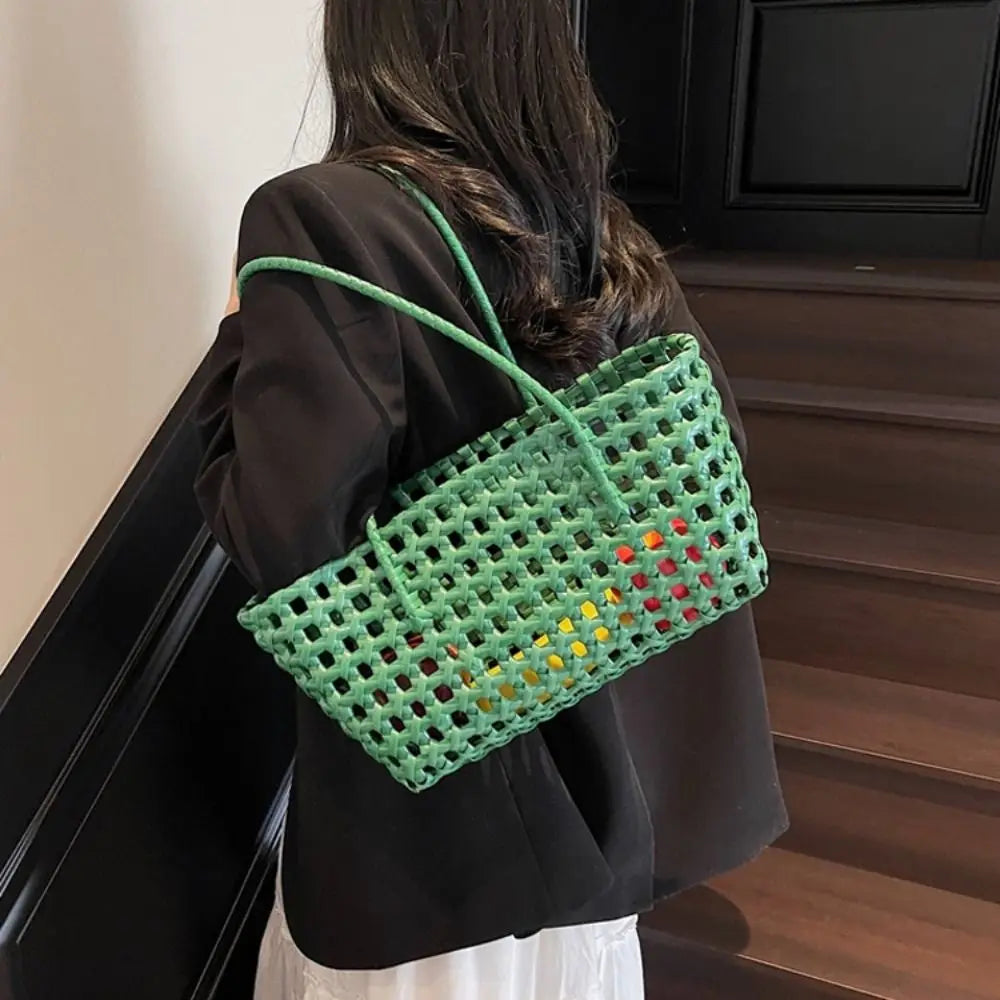 Simple Woven Women's Shoulder Bag Solid Color Large Capacity Tote Bag Hollow Handbag