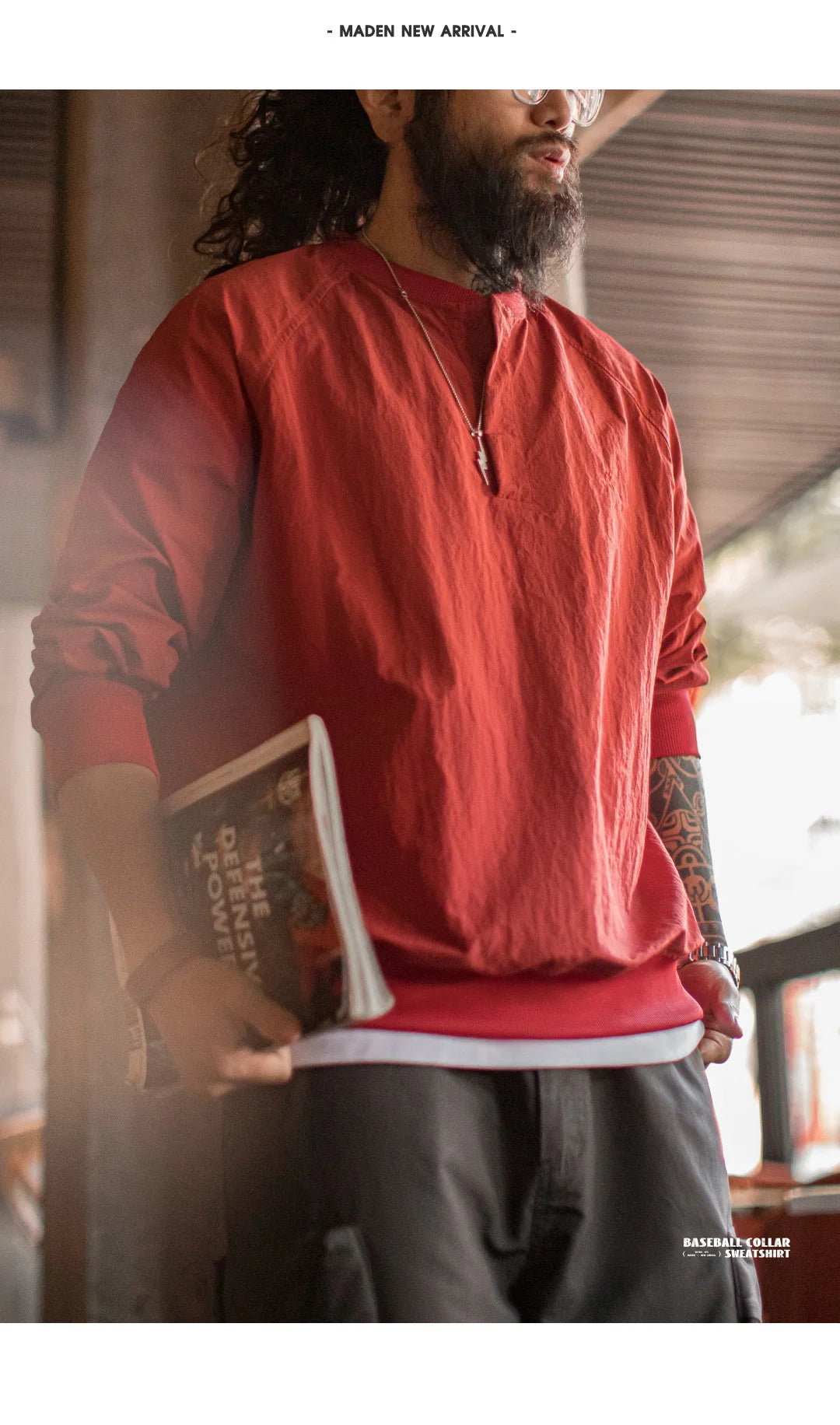 Maden Vintage Baseball Collar Sweatshirt New Year's Red Top Loose Round Neck Pullover for Men's Spring Fall Long-Sleeved T-Shirt