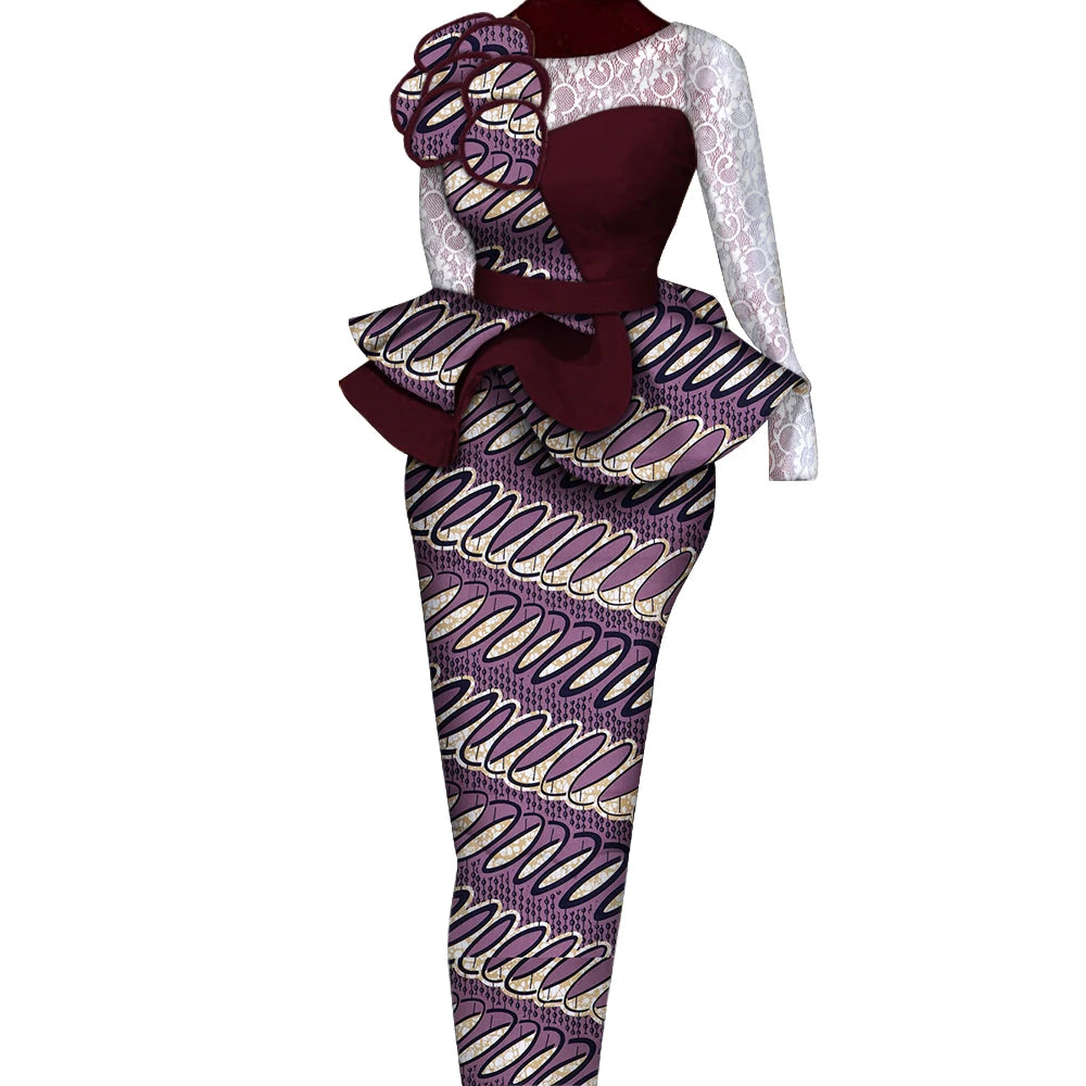 African Skirt Sets Women Suit Long Straight Skirts and Tops with Lace Decoration Bazin Riche Traditional African Clothing WY6195