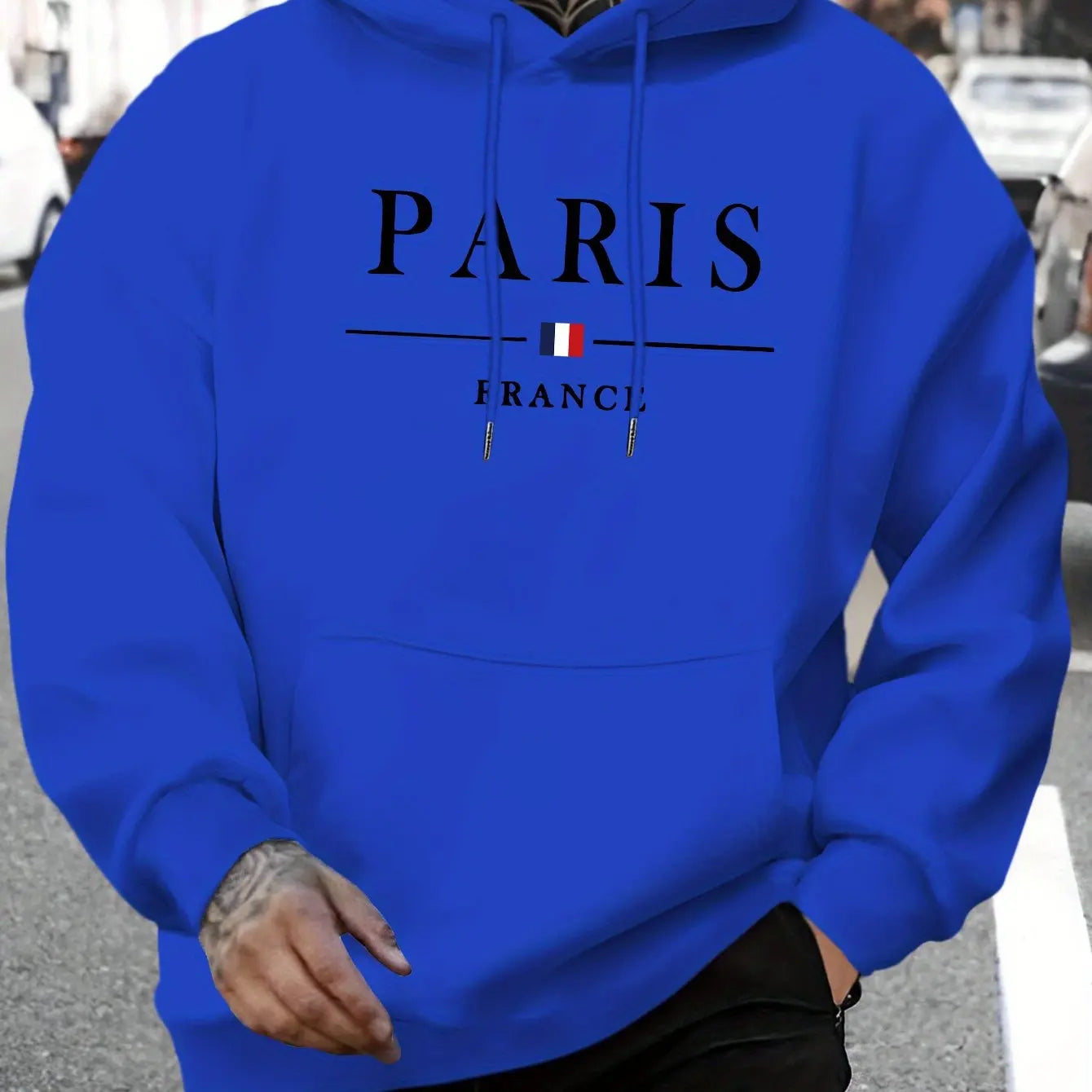 Men's autumn and winter casual fashion loose Paris letter pattern printed long sleeved hooded sweatshirt warm pullover BAZAARHUBO