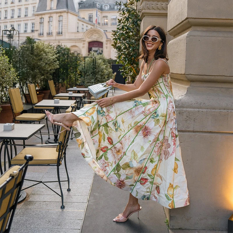 Fashion Women's Dress Halter Sleeveless Hollow Out Print Female Dresses 2026 Summer Vacation Holiday Beach Chic Sexy Lady Robe