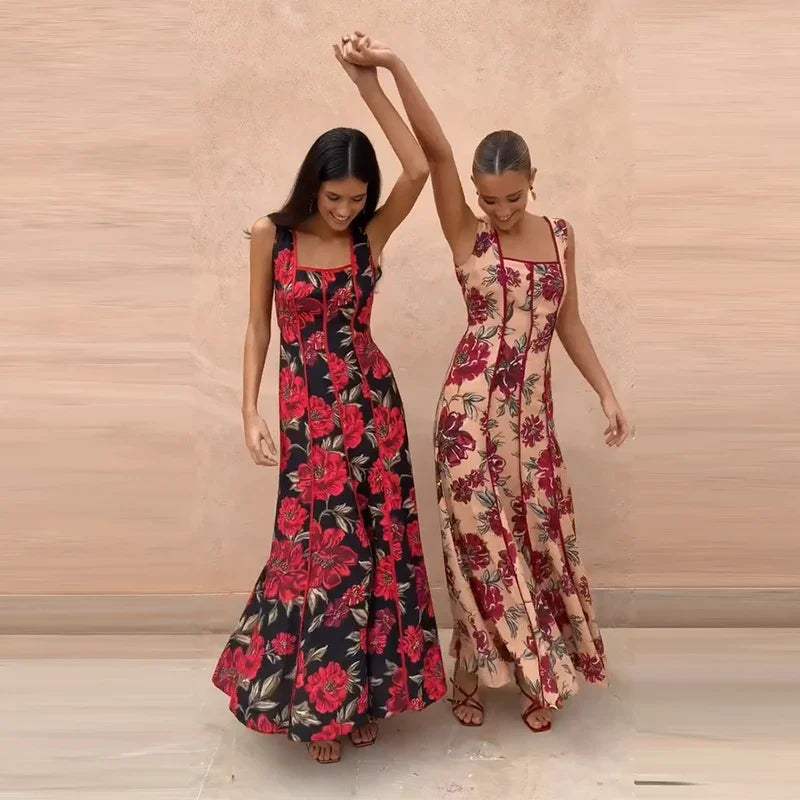 Sexy Printed Flower Long Women's Dress Sleeveless Waist-Closed Slash Neck Lady Dresses Summer Sling Vacation Holiday Robe
