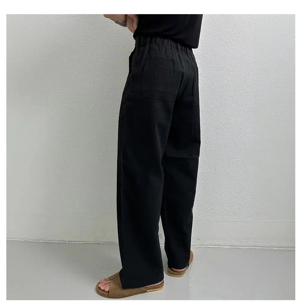 New Men's Cotton Linen Workwear Trousers Draped Wide Leg Pants Light Luxury Leisure Solid Straight Trousers Premium Sweatpants