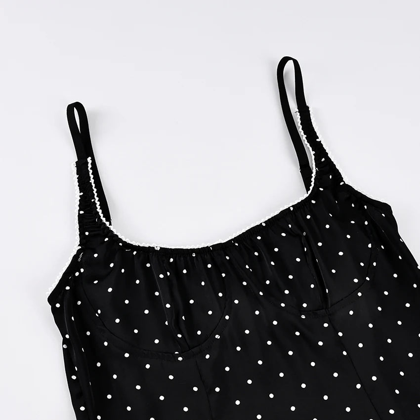 Backless Polka Dot Satin Tank Top Women Spaghetti Strap Lace Camisole Summer