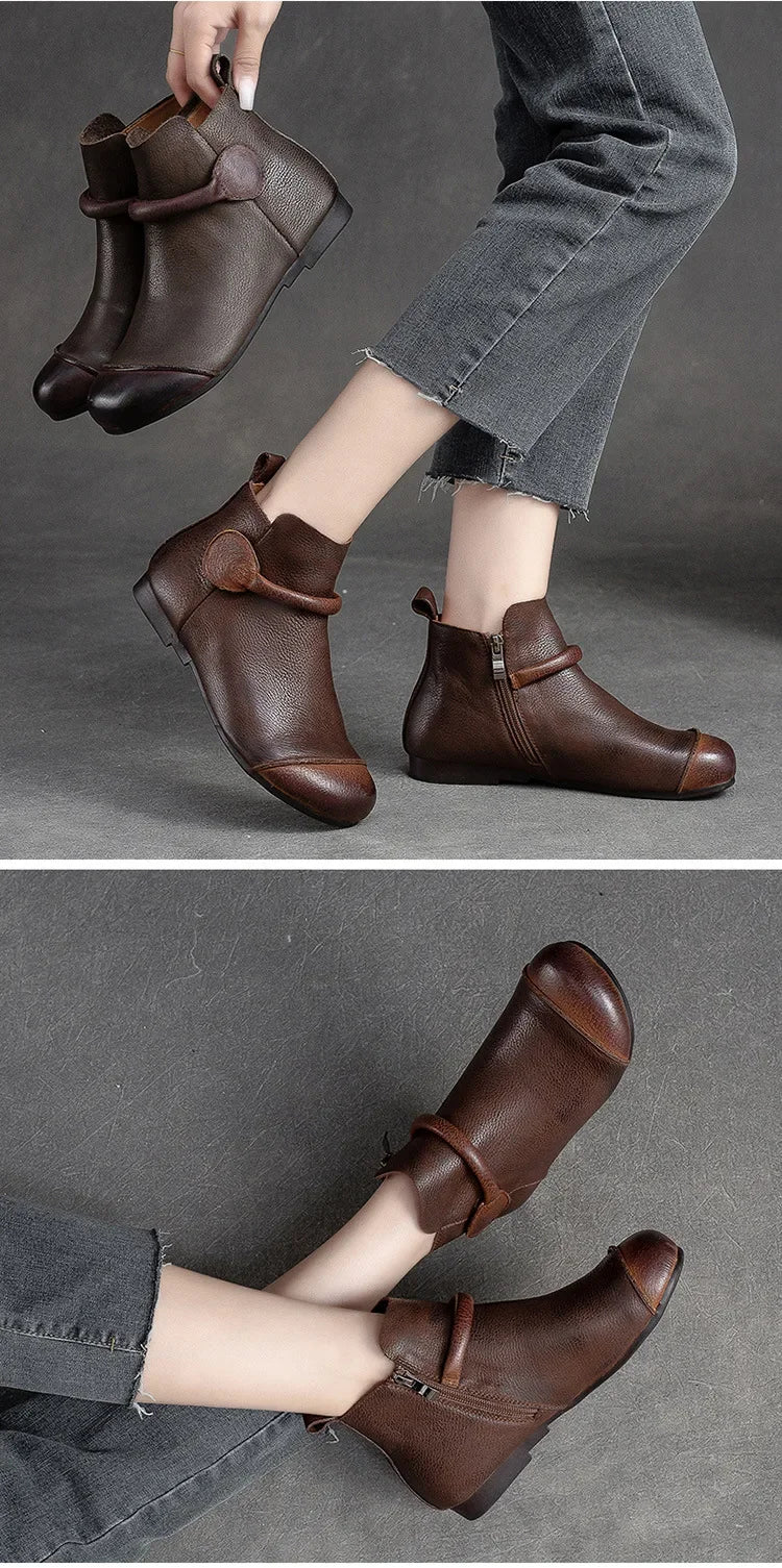 Retro Women Short Ankle Boots 2024 Autumn Winter Faux Cow Leather Slip-on Shoes Handmade Round Toe Light Weight Flat Booties