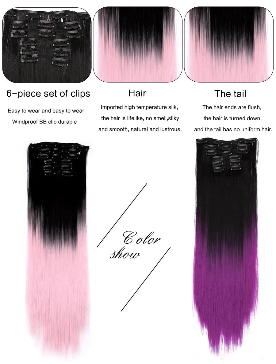 22 Inches Synthetic Long Straight Hairstyle 16 Clips 6Pcs/Set Hair Extensions Blonde Black Hairpieces Heat Resistant For Women