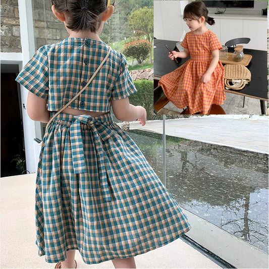 Summer Casual Baby and Girls Cotton Plaid Single-Breasted Short-Sleeved Lace Up Back Dress Kids Lovely Outfit Clothing 2-8 Years