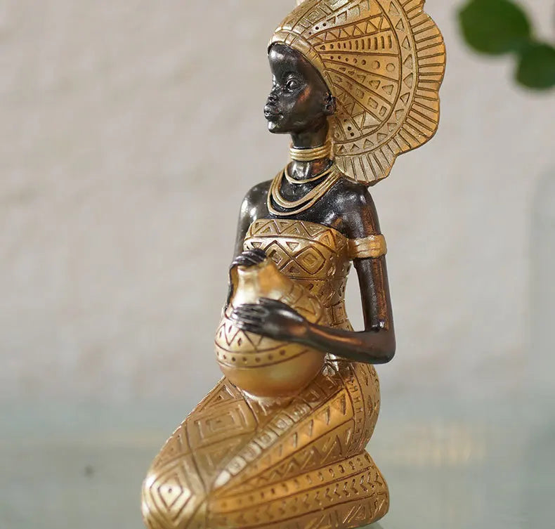 African Woman Statues Resin Tribal Lady Figurines Black Gold Home Decor Ethnic Ornaments for Living Room