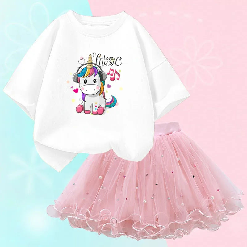 Dresses For Girl Summer Fashion Wear Outfit Kids T-Shirt Suit Unicorn Party Baby Costumes For Children Tulle Tutu Skirt Clothing