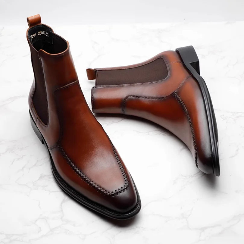 New men's Chelsea boots, youth British pointed leather shoes, vintage sleeve cowhide men's short boots.