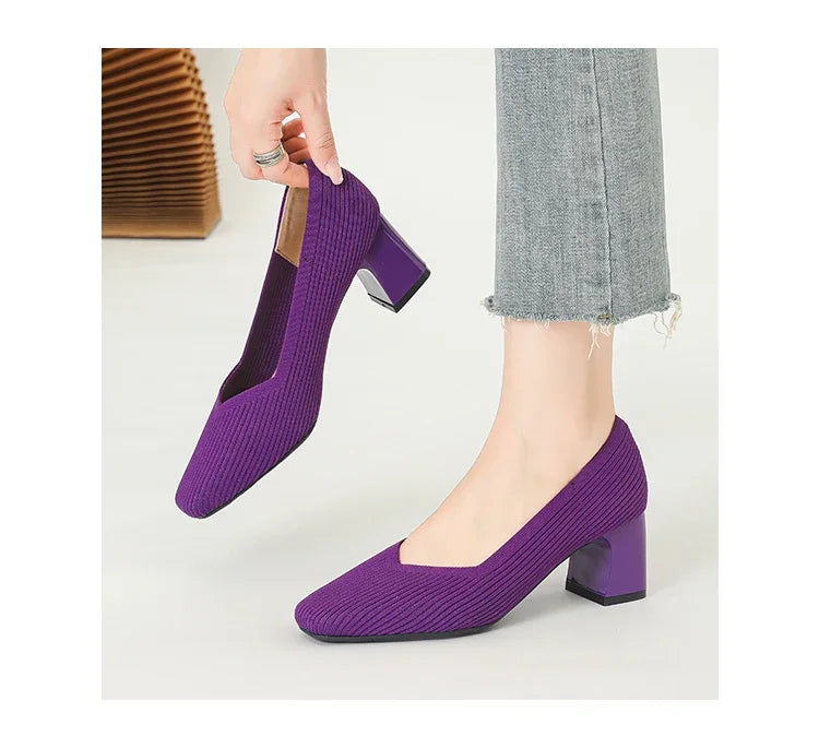 Shoes Woman High Heels Comfortable Square Knitted Breathable Comfortable Women's Flats Shoes (5cm High) 2025 New Collection