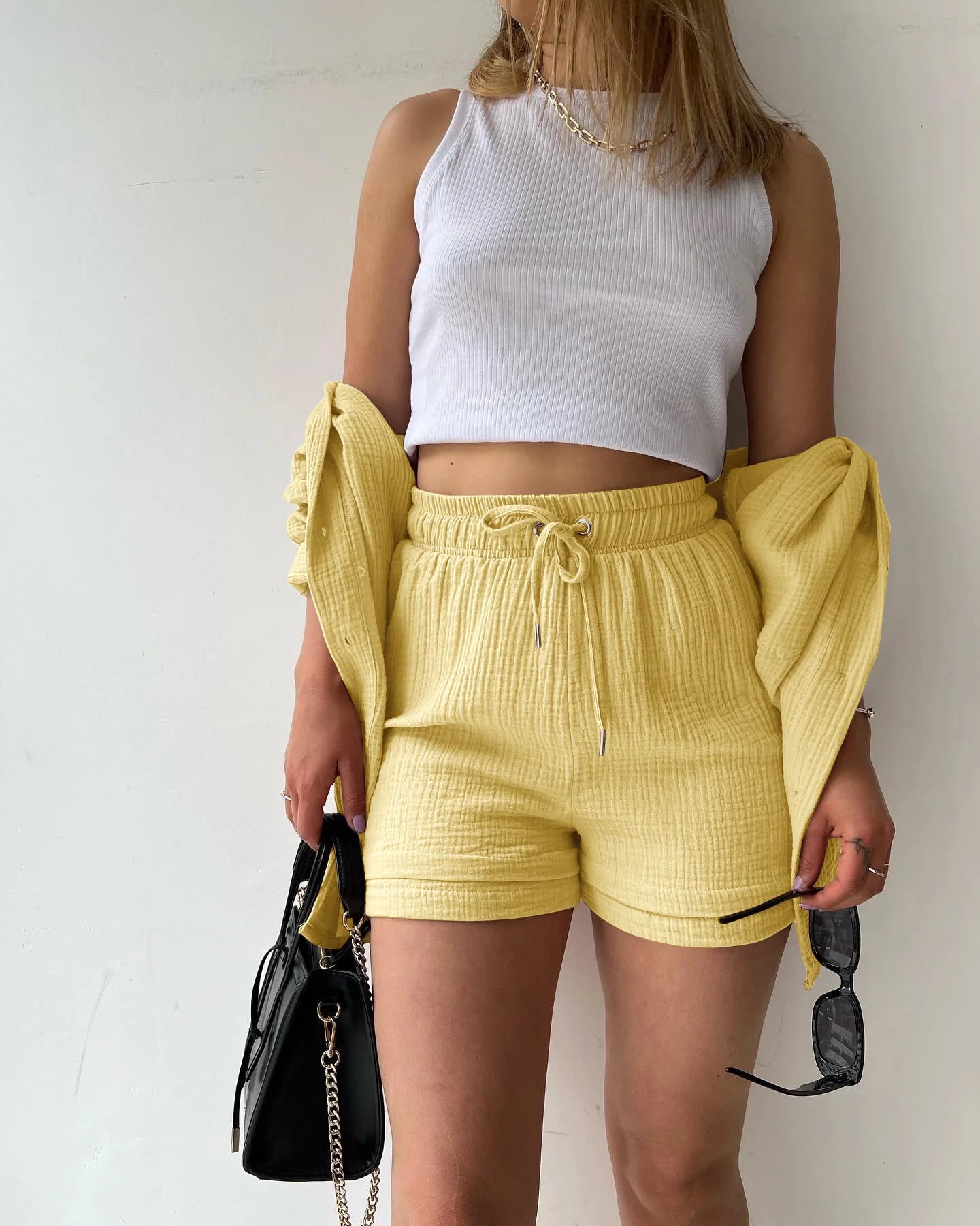 Casual Sleepwear 100% Cotton Pajamas For Women Sets Suit Turn-Down Collar Nine Quarter Sleeve Sleep Tops Shorts Female Homewear