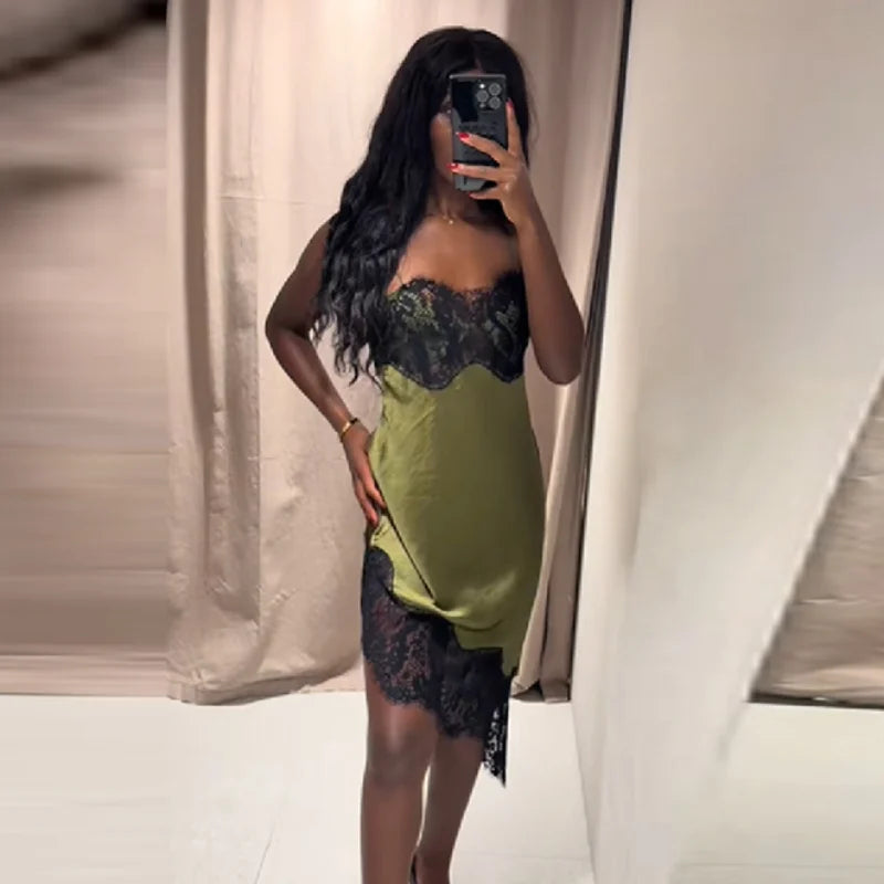 Women Vintage Elegance Knee-length Skirt Lace Edged O-neck Exposed Waist Brown Dress 2025 New Lady Party Club Fashion Clothing