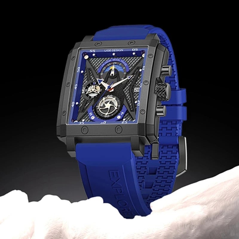 LIGE New Fashion Mens Watches Top Brand Luxury Silicone Quartz Watch For Men Waterproof Chronograph 24 Hour Moon Phase Clock+Box