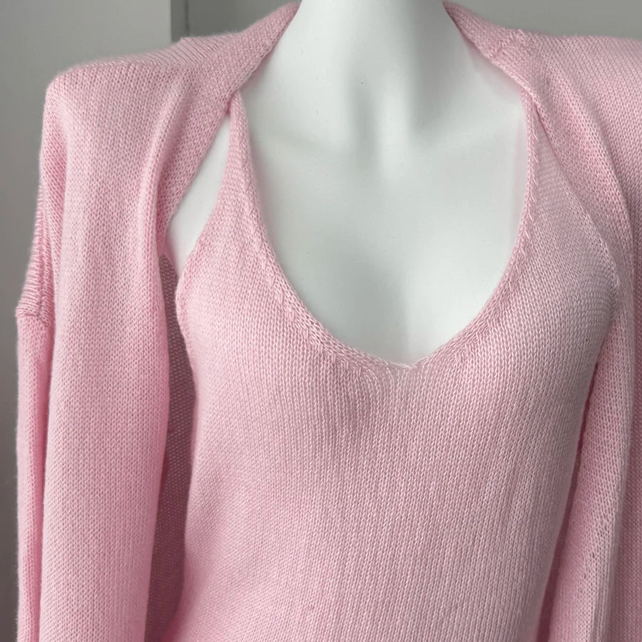 Hirsionsan Soft Loose Sets Women Three Pieces Long Sleeve Cardigan & Sexy Vest Dresses Elegant Female Hollow Outfits Tracksuit