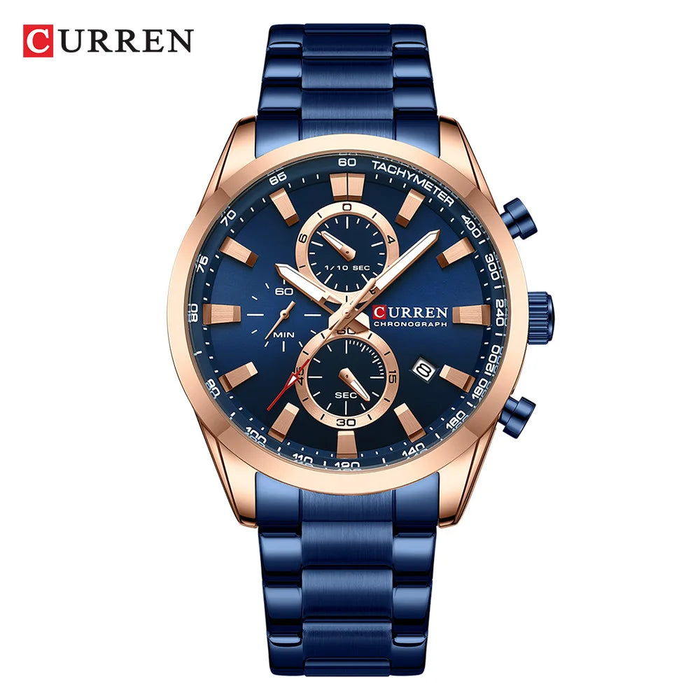CURREN  New Sports Multifunction Stainless Steel Band Watches Fashion Brand Quartz Men's Wristwatches with Date