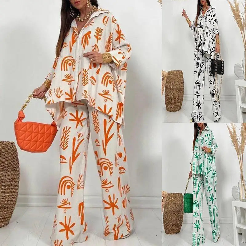 Summer Fashion New Printed Women's Set Printed Pattern Flip Collar Open Single Breasted Top Wide Leg Pants Elegant Two Piece Set