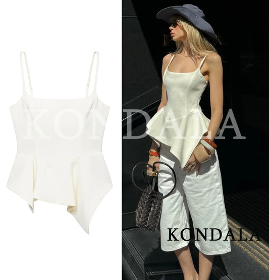 KONDALA Women Trendy Elegant Skirt Hem Tops Stylish High Street Suspender Tops 2026 Summer Fashion Female Sexy Party Slim Tops