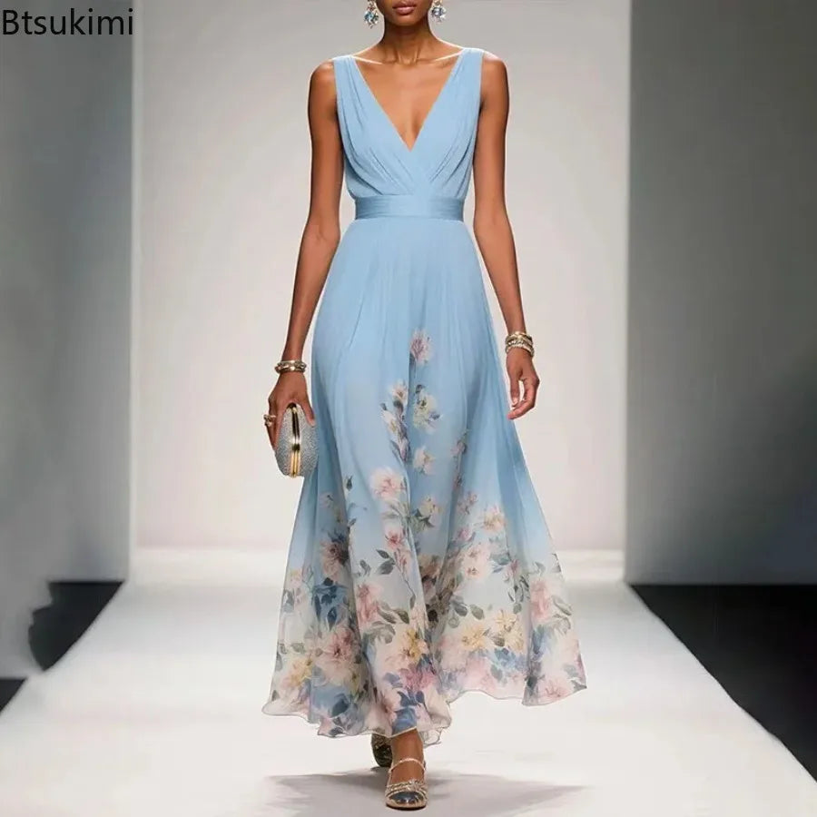 New Fashion Party Dresses Summer Women's Sexy Deep V Neck Floral Print Ruffle Sleeveless High Waist A Line Beach Dress Vestidos