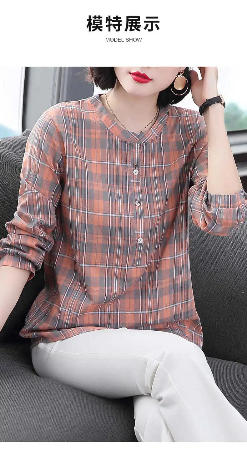 Fashion All-match Round Neck Plaid Shirt Women's Clothing Summer New Vintage Casual 3/4 Sleeve Button Spliced Pullovers Blouses