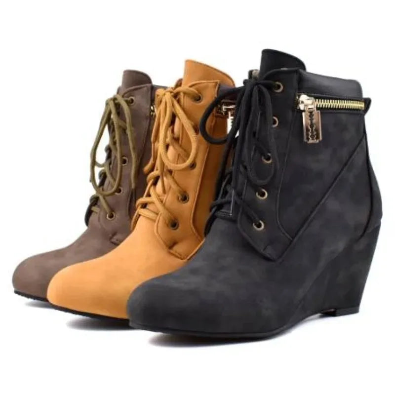 Winter Women Snow Boots Round Toe Lace Up Casual Wedge Ankle Boots for Women Shoes High Heels Women Motorcycle Boot Large Size