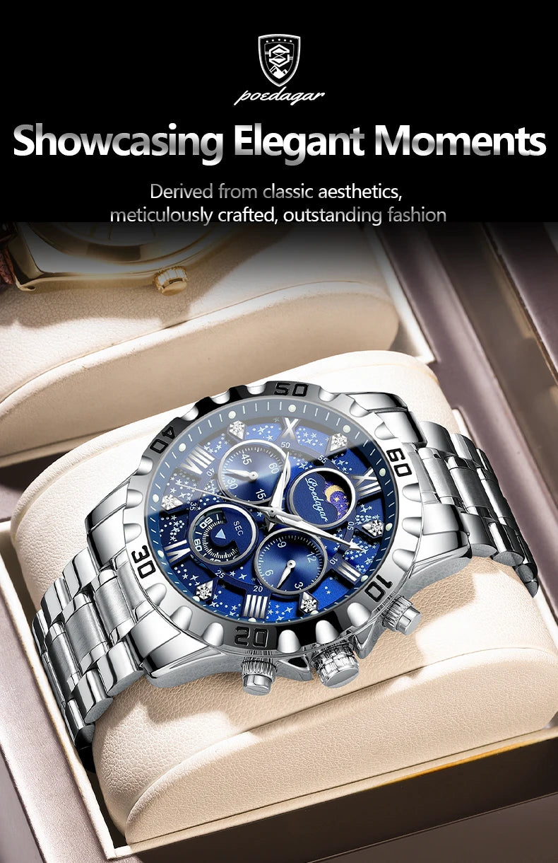 POEDAGAR Trendy Men Watch Chronograph Waterproof Luminous Stainless Steel Man Wristwatch Luxury Business Quartz Watches For Men