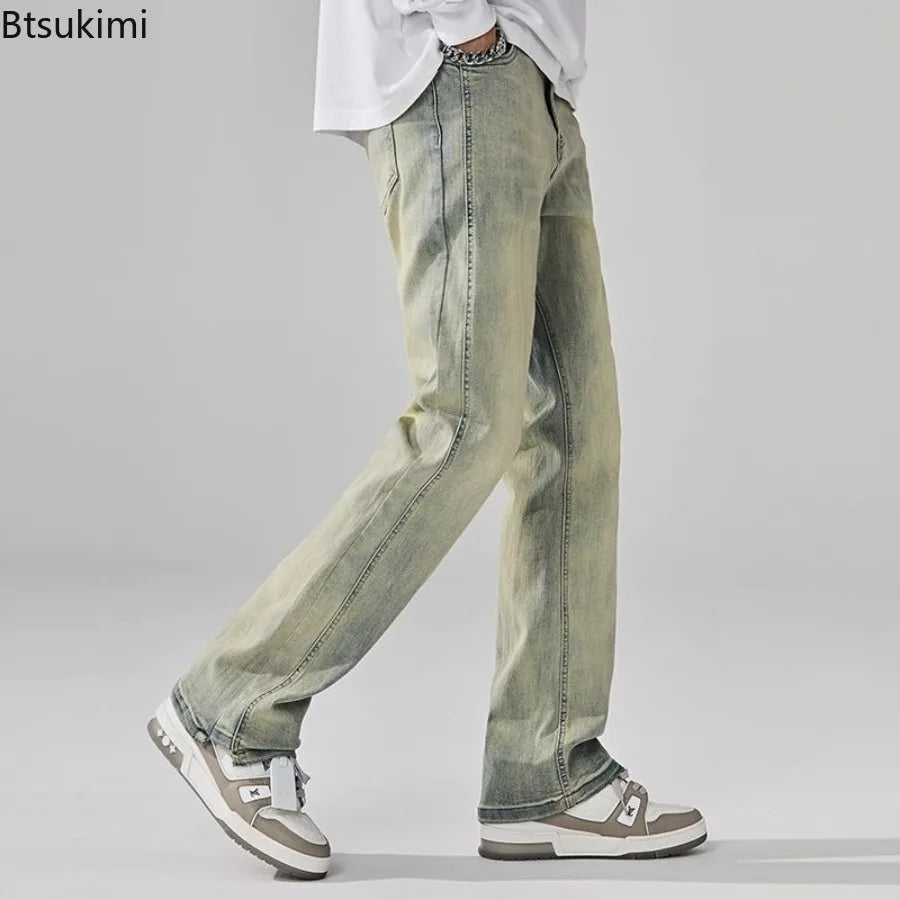 2026 New Mens Fashion Retro High Street Jeans Spring Summer Loose Casual Straight Leg Micro Flared Long Trousers Male Streetwear