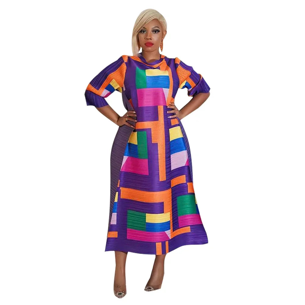 African Dresses for Women Summer Fashion Style African 3/4 Sleeve Polyester O-neck Pleated Dress Dashiki African Clothes Women