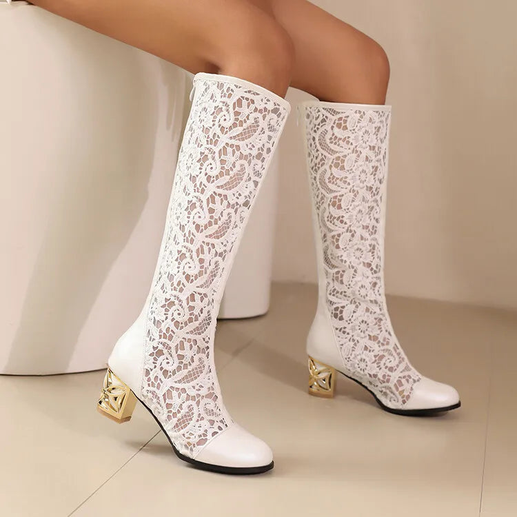 Vintage Hollow Embroider Mesh Surface Knee Length Women's Boot  5.5cm Thick Heel Fashion Women's Boot 34-47 Summer Cool Boots