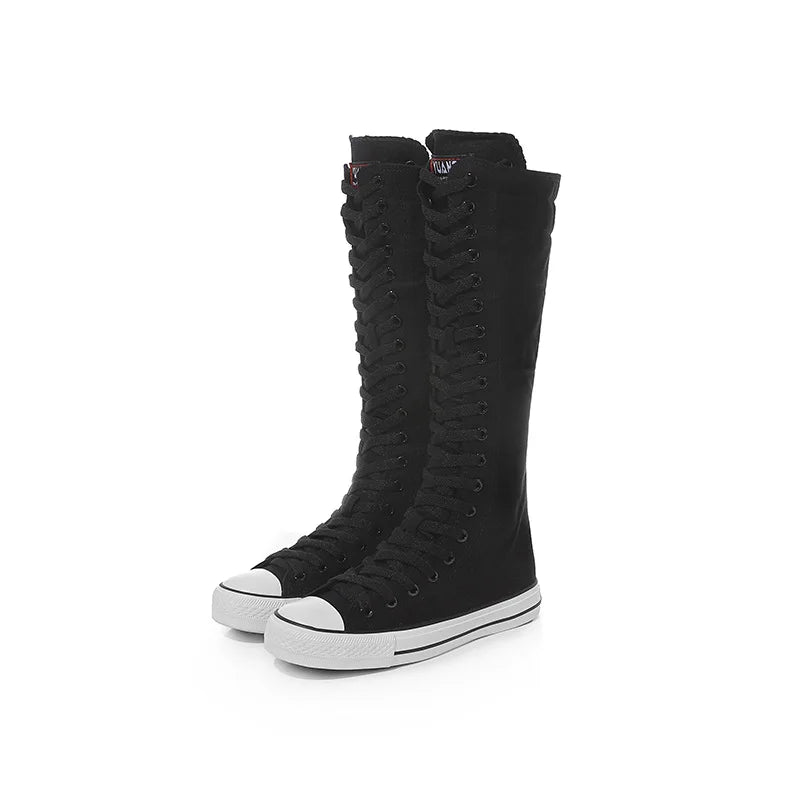 New Women's Canvas Boots Zip Shoes Comfortable Womens Shoes Flat High-top Female Sneakers Lace-up Knee-high Boots Bota Feminina