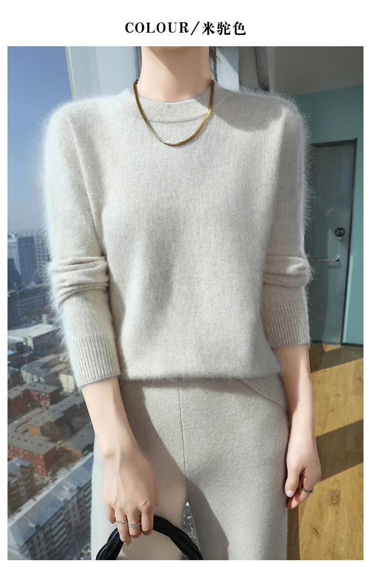Autumn and winter women's semi high neck pullover sweater solid color knitted slim fit women's 100 mink cashmere sweater new sty