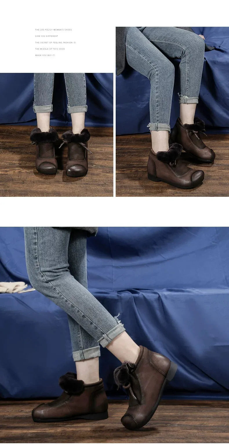 Careaymade-Genuine leather women's boots Fashion retro warm Oversized shoes cow leather Pure handmade ankle boots Casual boots